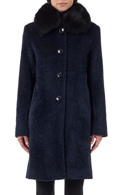 Sofia Cashmere Genuine Shearling Collar Wool & Alpaca Blend Bouclé Coat in Navy