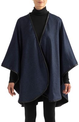 Sofia Cashmere Leather Trim Reversible Cashmere Cape in Blue Black 