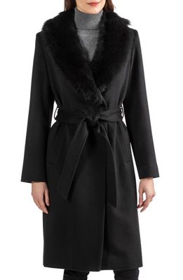 Sofia Cashmere Sofia Wool & Cashmere Blend Wrap Coat with Genuine Shearling Trim in Black