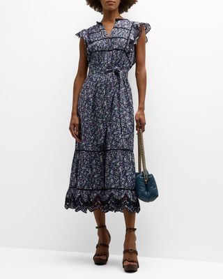 Sofie Embroidered Floral-Print Midi Dress