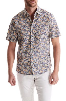 SOFT CLOTH Modern Fit Floral Short Sleeve Cotton Button-Up Shirt in Aqua Gardenia Print