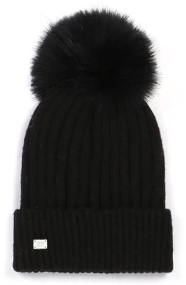Soia & Kyo Ribbed Beanie with Feather Pom in Black
