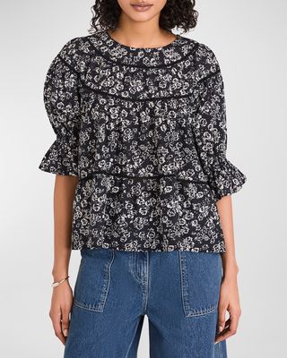 Sol Floral-Print Puff-Sleeve Cotton Lawn Top