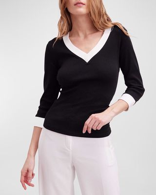 Sol Ribbed Two-Tone 3/4-Sleeve Sweater