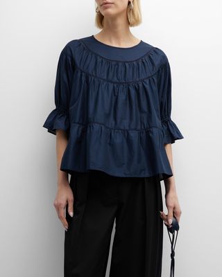 Sol Tiered Lace-Inset Blouson-Sleeve Top