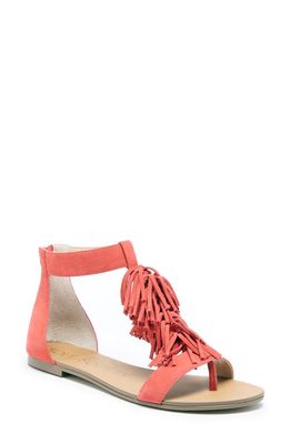 Sole Society Koa Fringed T-Strap Sandal in Coral Reef Suede
