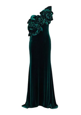 Solid Rosette Velvet One-Shoulder Gown