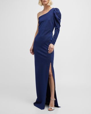 Soline One-Shoulder Puff-Sleeve Shimmer Gown