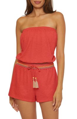 Soluna Strapless Drawstring Waist Cover-Up Romper in Coral