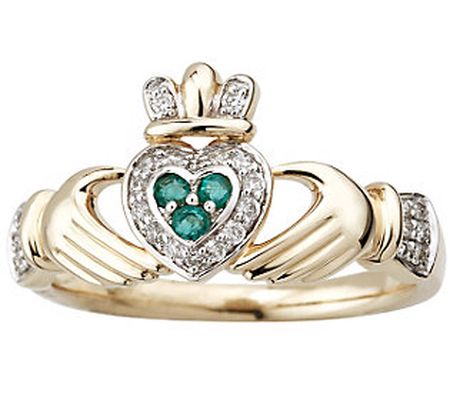 Solvar Diamond and Emerald Claddagh Ring, 14K G old