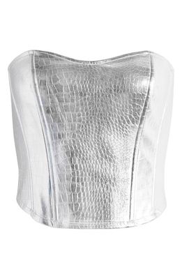 SOMETHING NEW Aria Metallic Croc Embossed Faux Leather Corset Top in Silver Colour Detail