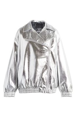 SOMETHING NEW Aria Metallic Croc Embossed Faux Leather Moto Jacket in Silver Colour Detail
