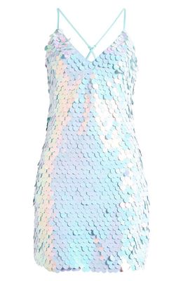 SOMETHING NEW Gloria Iridescent Sequin Minidress in Blue Radiance Detail