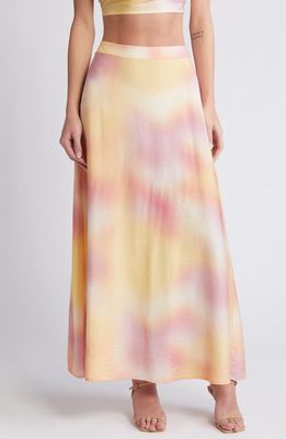 SOMETHING NEW Heaven Hammered Satin Maxi Skirt in Camellia Aop Heaven