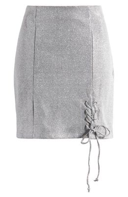 SOMETHING NEW Kloe Metallic Tie Detail Miniskirt in Silver