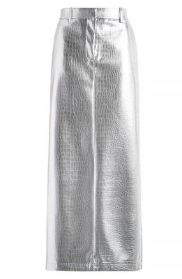 SOMETHING NEW Metallic Croc Embossed Maxi Skirt in Silver Colour Detail