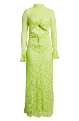 SOMETHING NEW Natalie Cutout Long Sleeve Lace Maxi Dress in Acid Lime