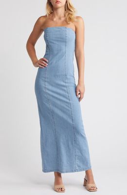 SOMETHING NEW Theodora Denim Tube Maxi Dress in Light Blue Denim 