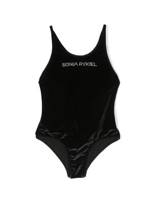 SONIA RYKIEL ENFANT logo-embellishment velvet swimsuit - Black