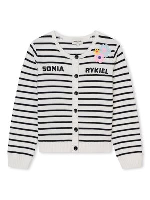 SONIA RYKIEL ENFANT striped logo-print knitted cardigan - White