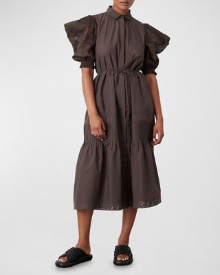 Sonya Blouson-Sleeve Organic Cotton Midi Dress