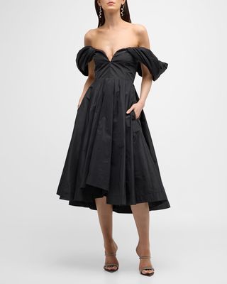 Sorgente Off-the-Shoulder High-Low Taffetta Midi Dress