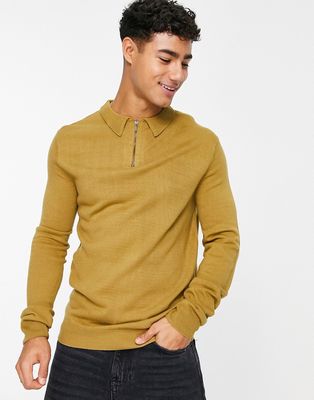 Soul Star muscle fit 1/4 zip knitted polo in light brown