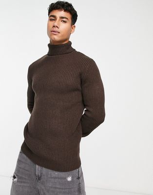 Soul Star muscle fit ribbed roll neck sweater in dark brown