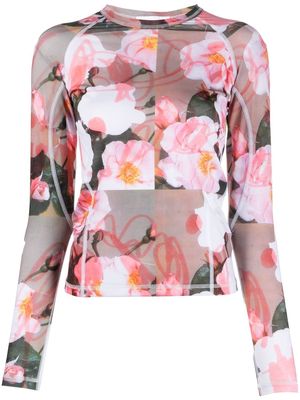 SOULLAND Alice floral-print mesh top - White