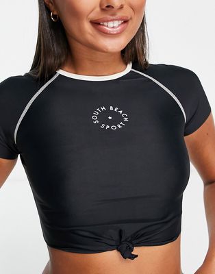 South Beach active cap sleeve bikini top in black