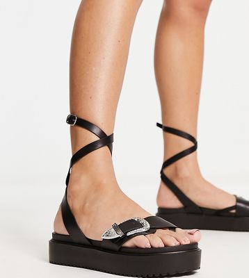 South Beach ankle strap flatform sandal with western buckle in black