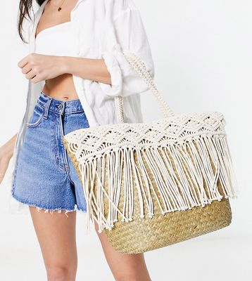 South Beach crochet fringe shoulder bag in cream-White