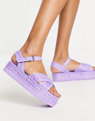 South Beach crossover flatform sandals in lilac raffia-Purple