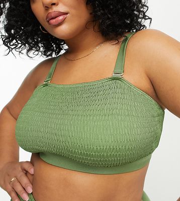 South Beach Curve Exclusive crinkle crop bikini top in khaki-Green