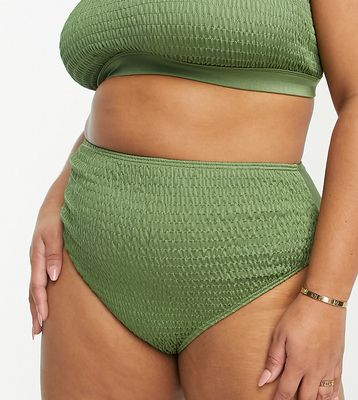 South Beach Curve Exclusive crinkle high waist bikini bottom in khaki-Green