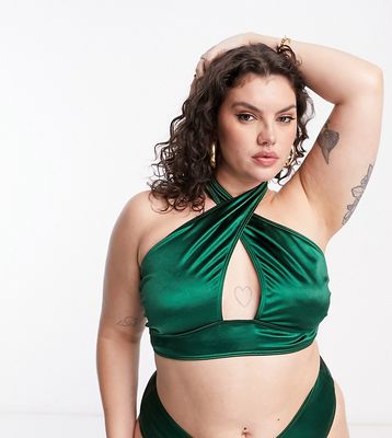 South Beach Curve Exclusive halter wrap bikini top in high shine emerald green
