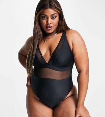 South Beach Curve Exclusive plunge mesh swimsuit in black
