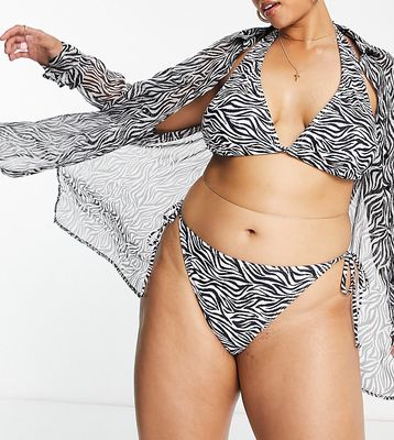 South Beach Curve Exclusive tie side bikini bottom in zebra print-Multi