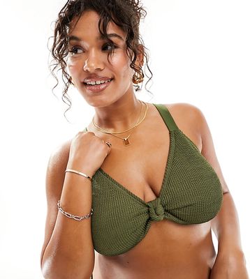 South Beach Curve knot front crinkle triangle bikini top in sage green