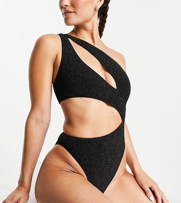South Beach Exclusive asymmetric cut out swimsuit in black metallic