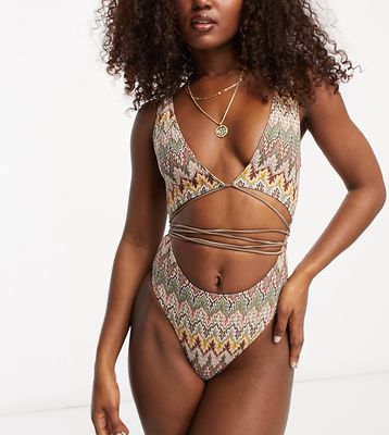 South Beach Exclusive cut out wrap around embroidered swimsuit in multi print