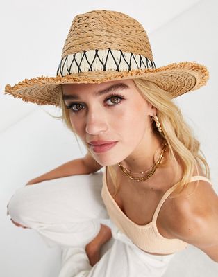 South Beach fedora hat with embroidered band in natural straw-Neutral