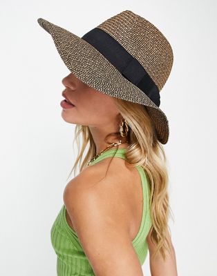 South Beach fedora hat with ribbon in mixed straw-Brown