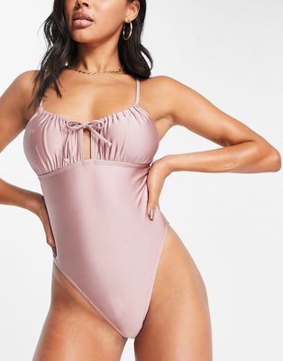 South Beach hi-shine swimsuit with tie front in taupe-Neutral