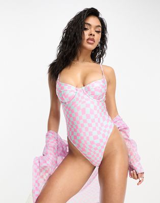 South Beach high leg swimsuit in pink and blue warped check