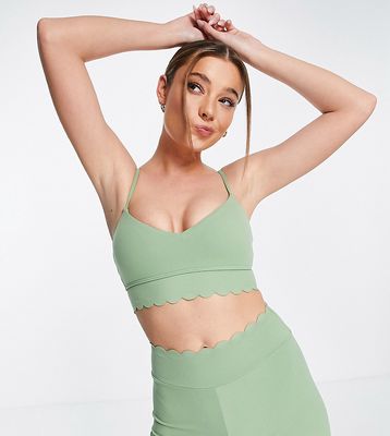 South Beach light support polyester sports bra with scallop edge in olive-Green