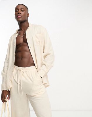 South Beach long sleeve grandad collar linen blend beach shirt in sand-White