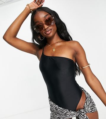South Beach micro asymmetric one shoulder swimsuit in black