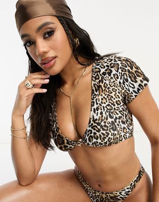 South Beach mix & match rib cap sleeve bikini top in leopard print-Multi
