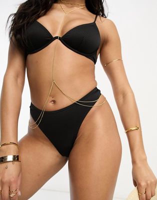 South Beach mix & match rib thong bikini bottom in black